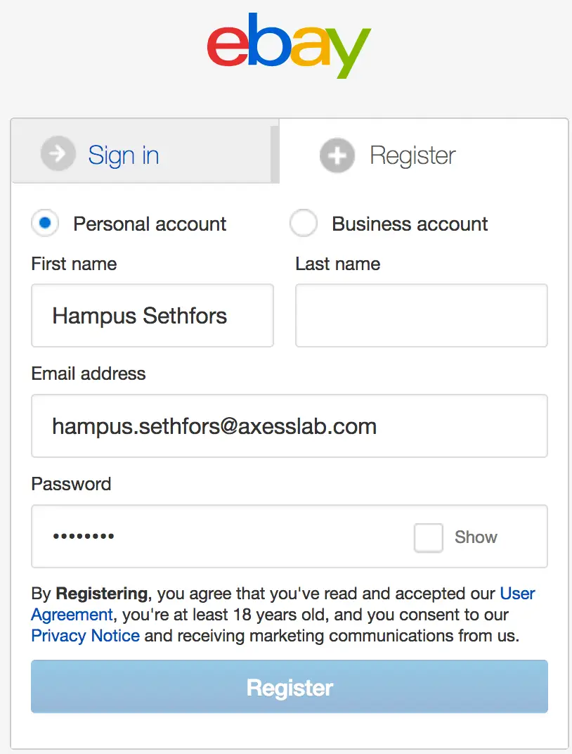 Register form on eBay filled in. One field skipped. Register button disabled.