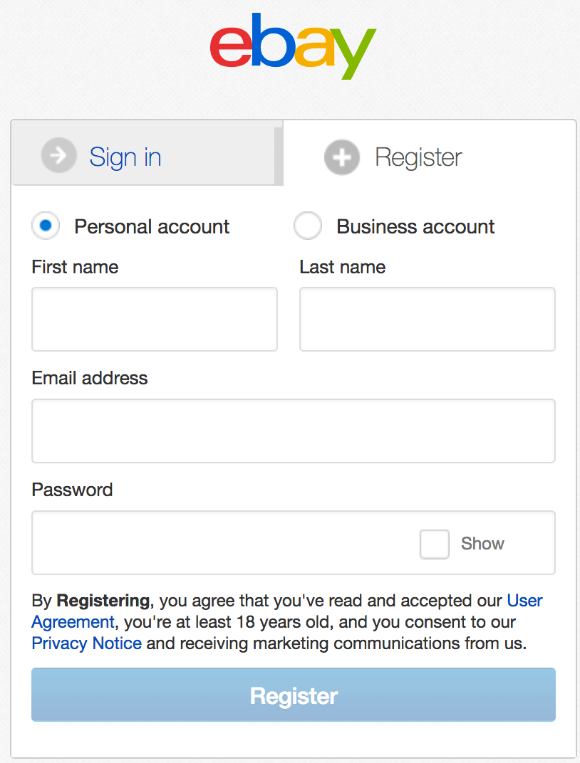 Register form on eBay. 