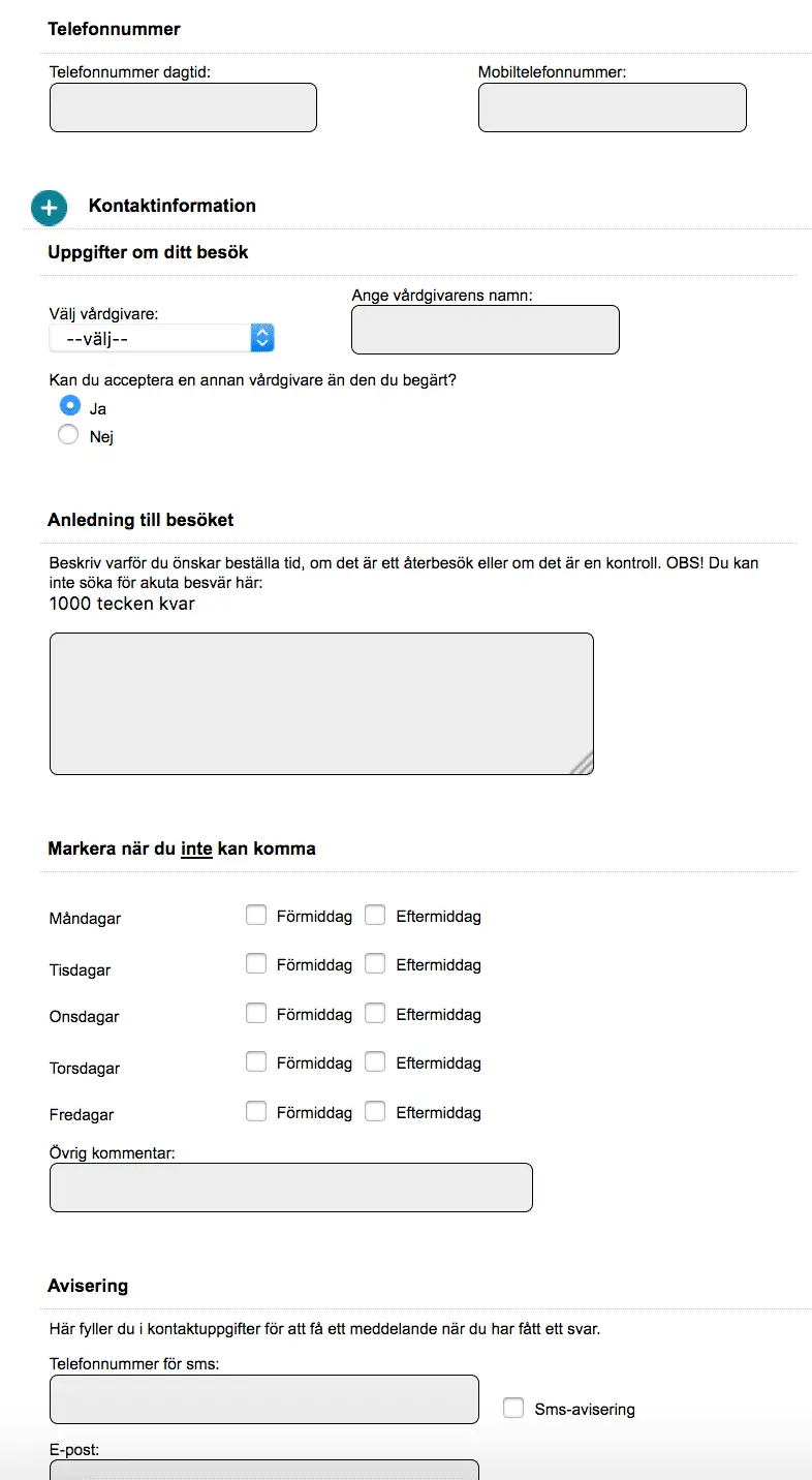 Form for booking health care. Screenshot, swedish. 