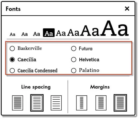 Interface of Kindle, chose font, line spacing, size, margins.