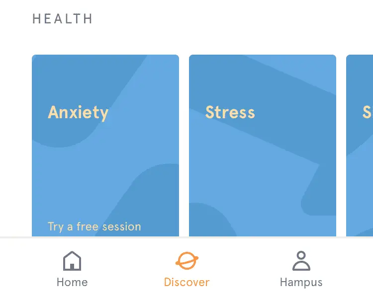Headspace app navigation bar. Three icons with text labels: "Home, Discover, Hampus". Sceenshot.