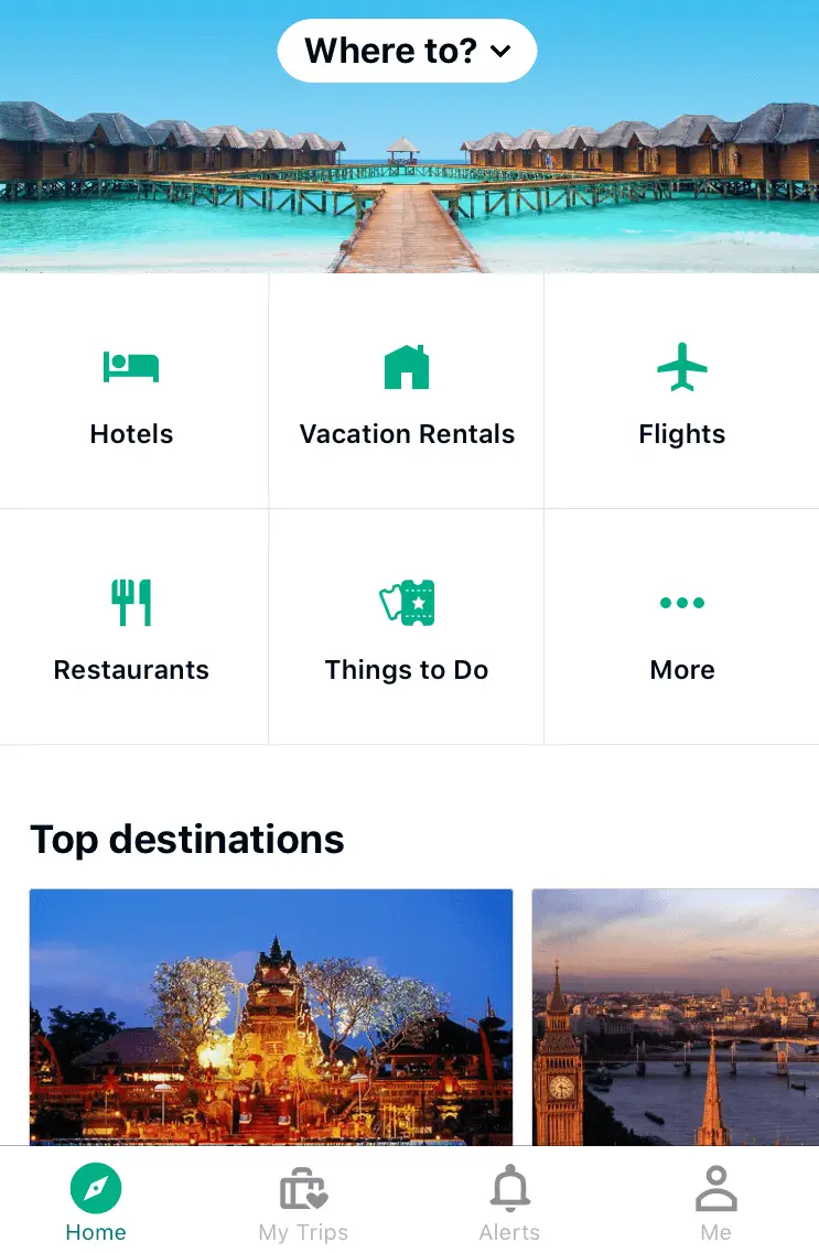 Tripadvisor app startpage. Icons with text labels in menu and on content of page. Screenshot.