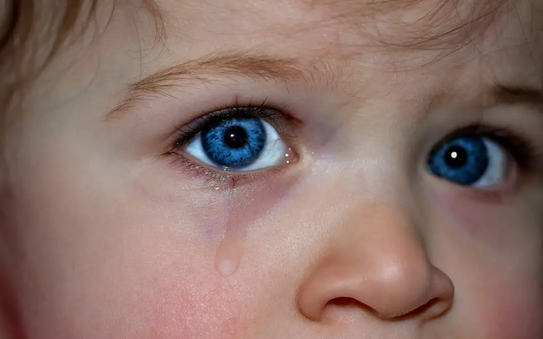 Sad child with tear in one eye. Close up photo.