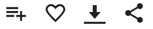 Four icons: a list with a plus sign, a heart, a down arrow and a shar icon.