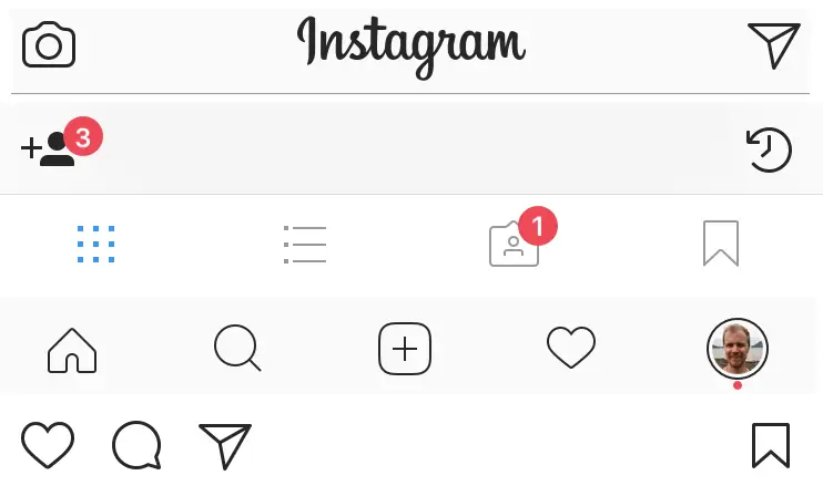 Lots of icons without labels in Instagram. Screen shot.