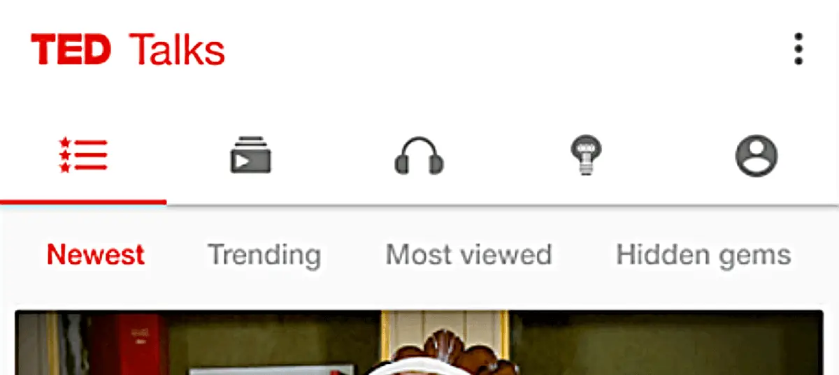 TED Android menu, five icons without labels. Screenshot.