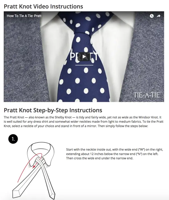 Screenshot tie-a-tie.net. Video, illustrations and text guide for pratt knot.