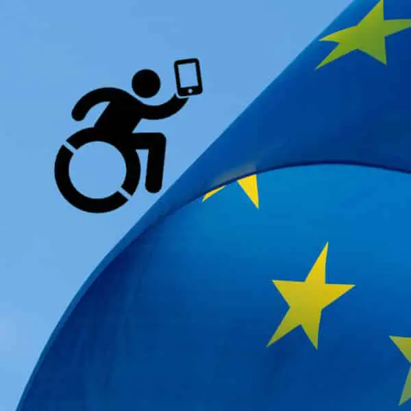 Eu flag and accessibility icon (person in wheelchair with phone)