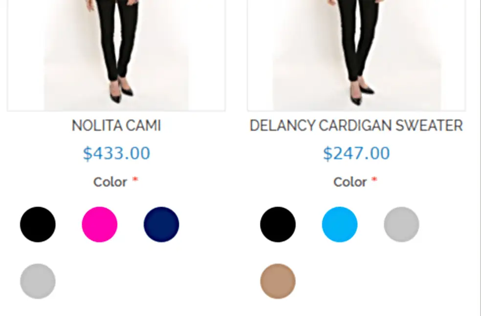 Color pickers without labels on clothing site.