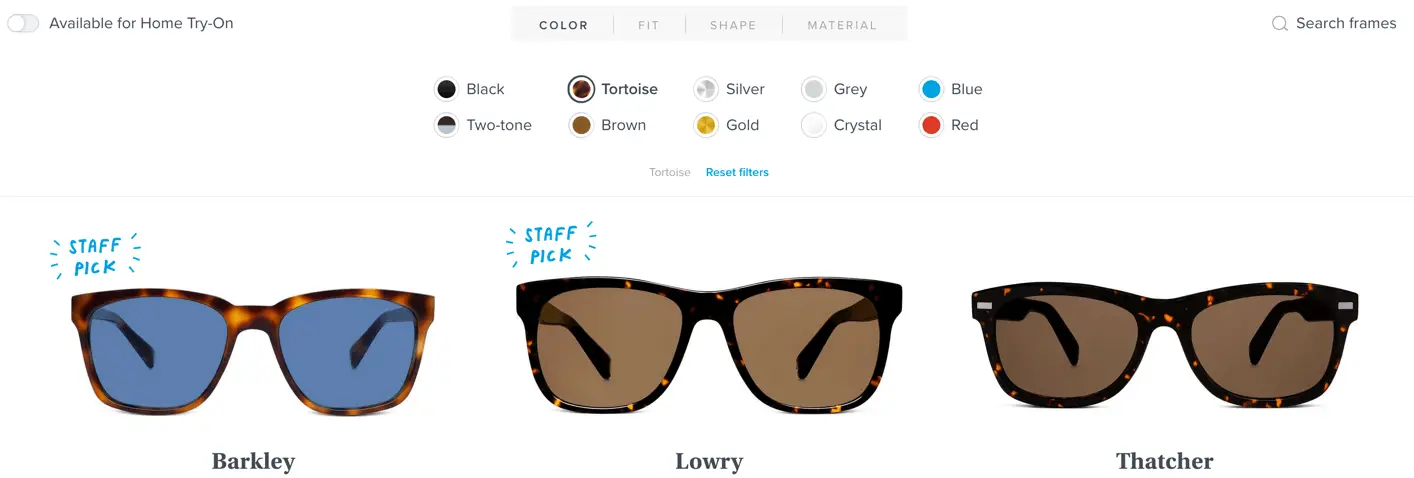 Labels by the names of colors on a sunglass site.