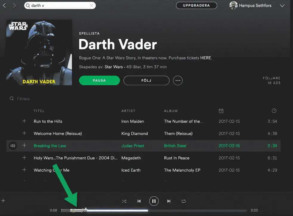 Spotify. The time-bar changes to a star wars lightsaber in the Darth Vader playlist.