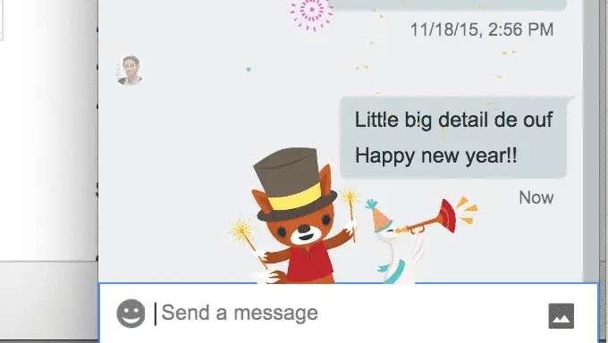 User types Happy new year to a freind in a chat and an animated fox and duck show up celebrating.