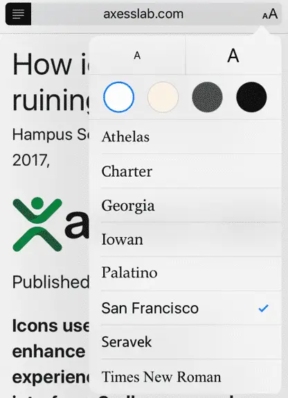 Reader mode in Safari, change fonts, sizes and colors. Screenshot.