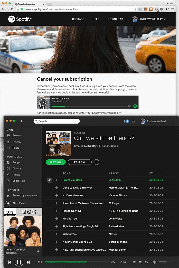 Spotify farewell playlist on cancel your subscription page.