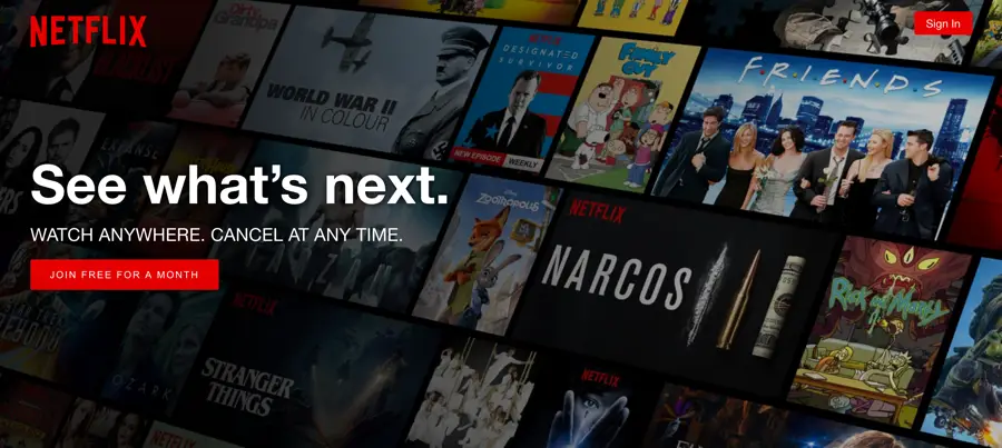 Netflix startpage with text on top of a background image showing movie covers.