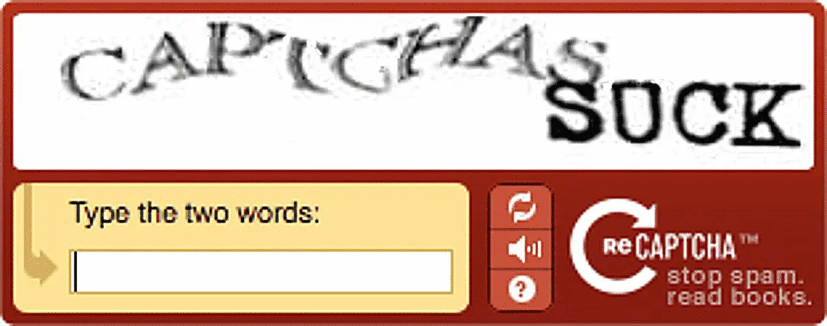 Captcha with squiggly letter: "captchas suck".