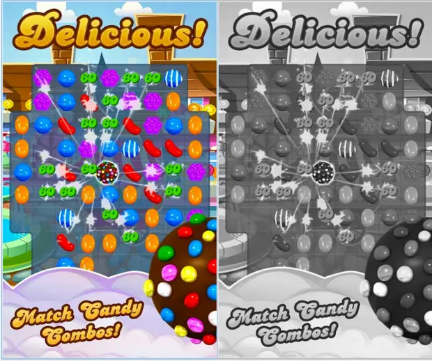 Color and greyscale screenshots from Candy Crush compared. Clear texts and fruits even in greyscale.