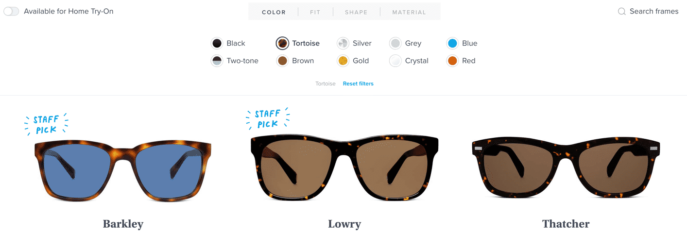 Color picker for sunglasses with labels by each color.