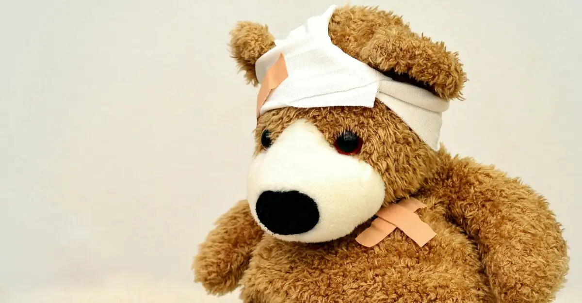 Teddy bear with bandages.