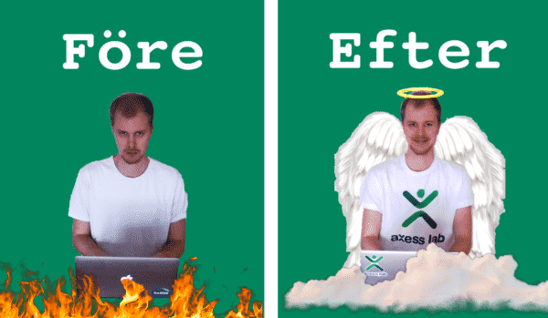 Före: sur Hampus framför dator med eld under. Efter: glad Hampus med ängelvingar framför datorn.