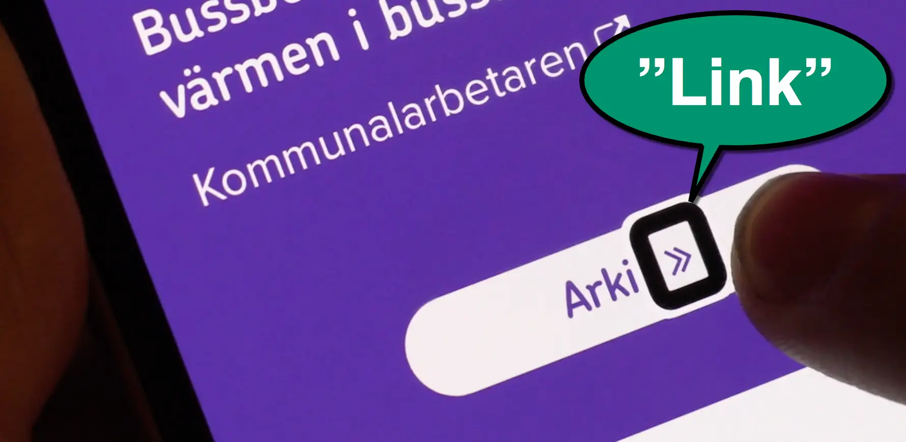 Button "Arkiv" and link icon. Speech bubble from link icon that says "Link."