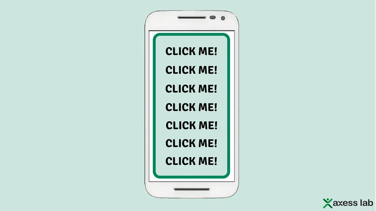 Phone with button covering the screen, saying "Click me!" 7 times. Illustration.