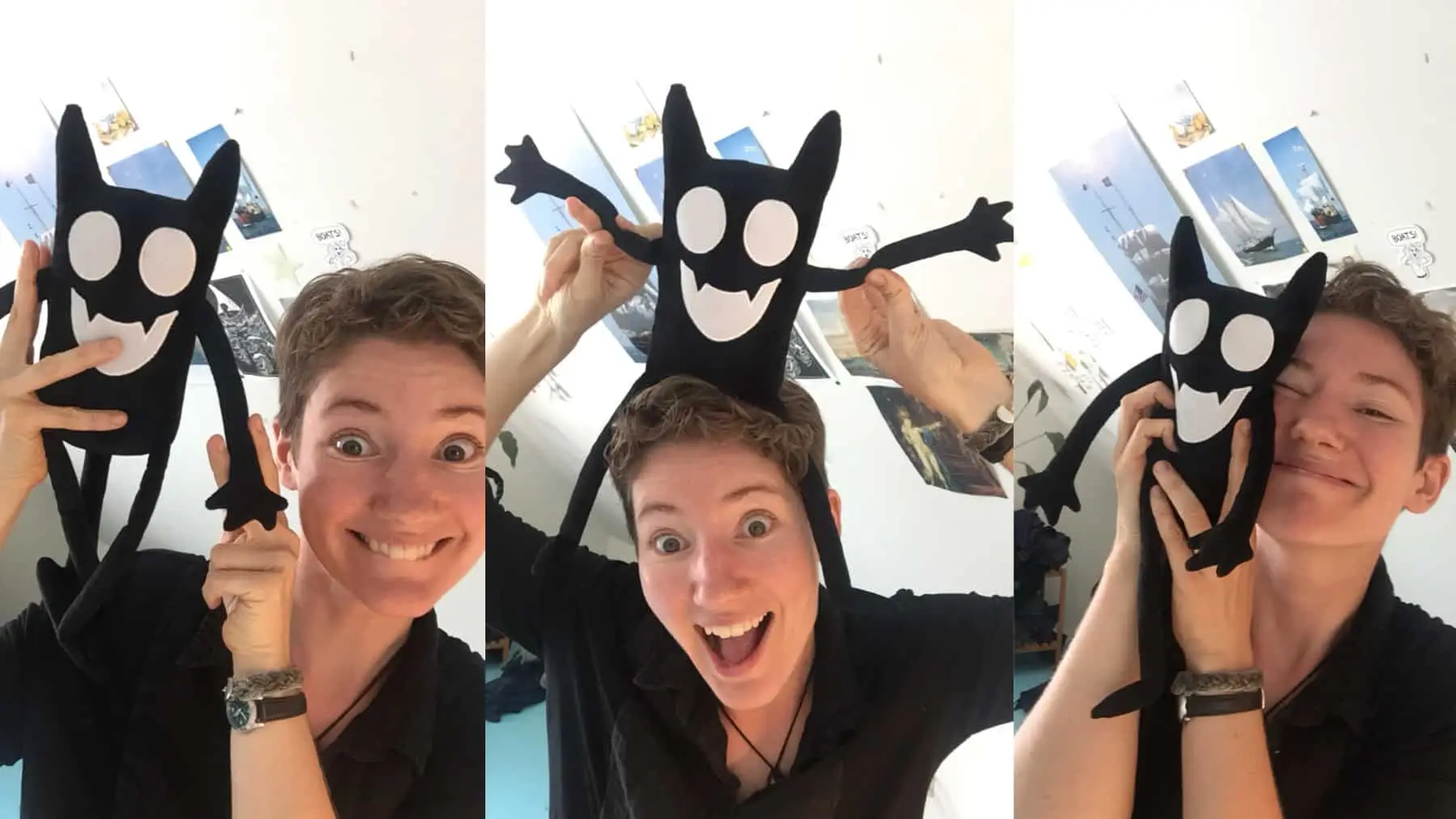 Three images of Lucy Bellwood with a stuffed toy demon on her head and shoulders.