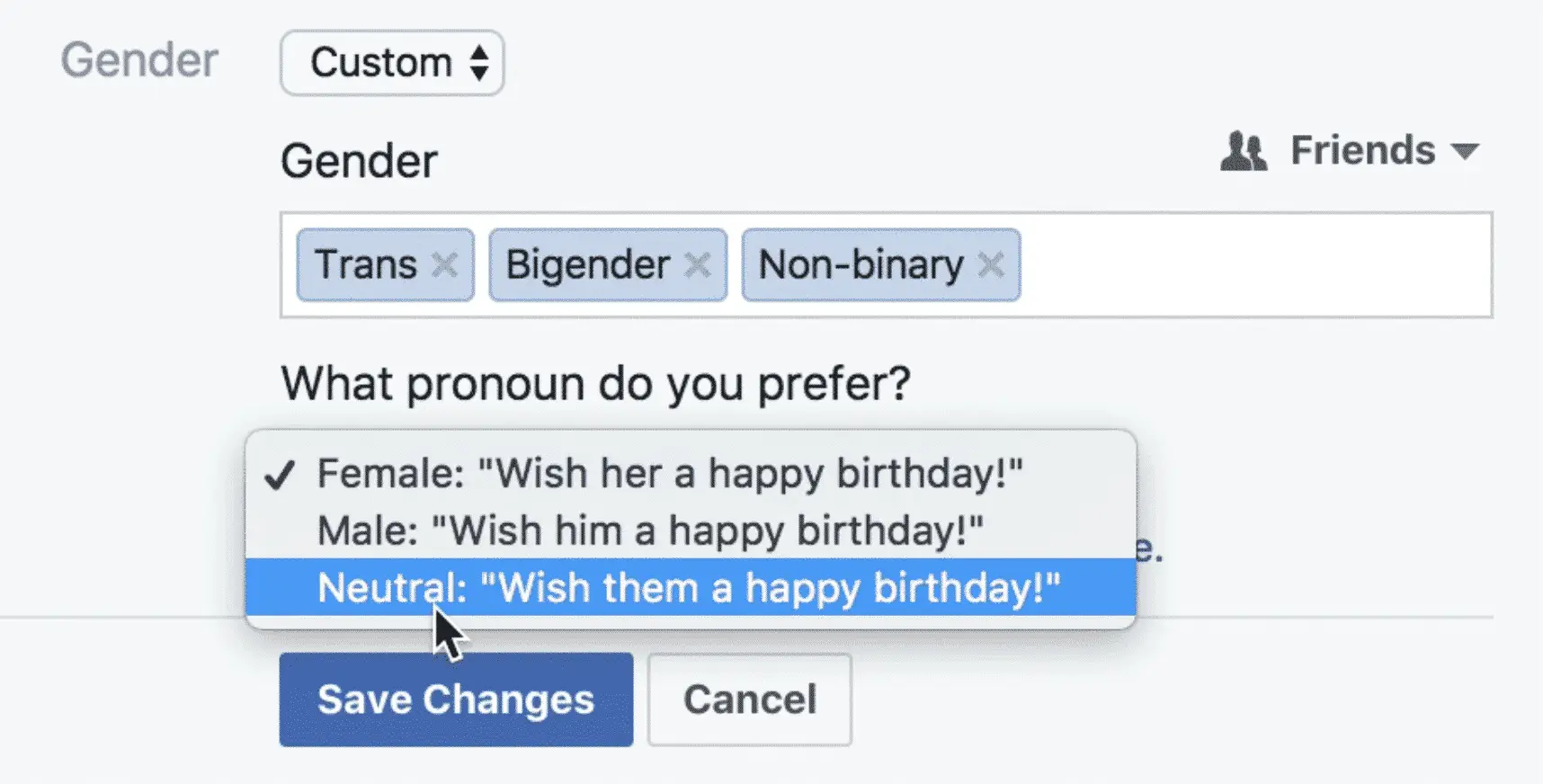 Facebook form with input for gender and a question "Which pronoun do you prefer?"