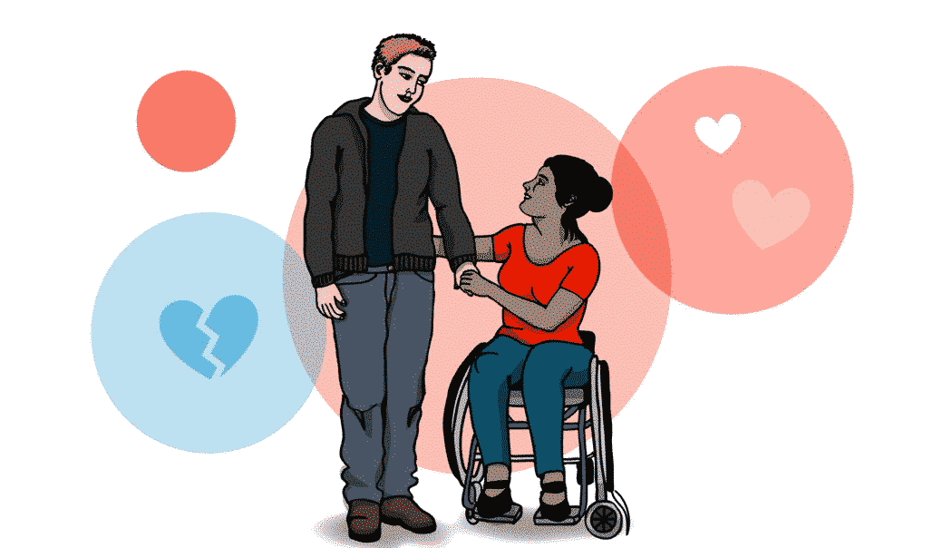 Black girl in wheelchair with boy not in a wheelchair, hearts surrounding them. Illustration.