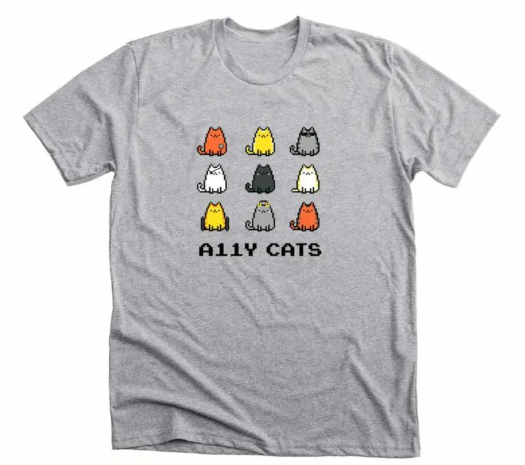 Gray t-shirt with 9 cats on it. Cat with headphones, in wheelchair etc.