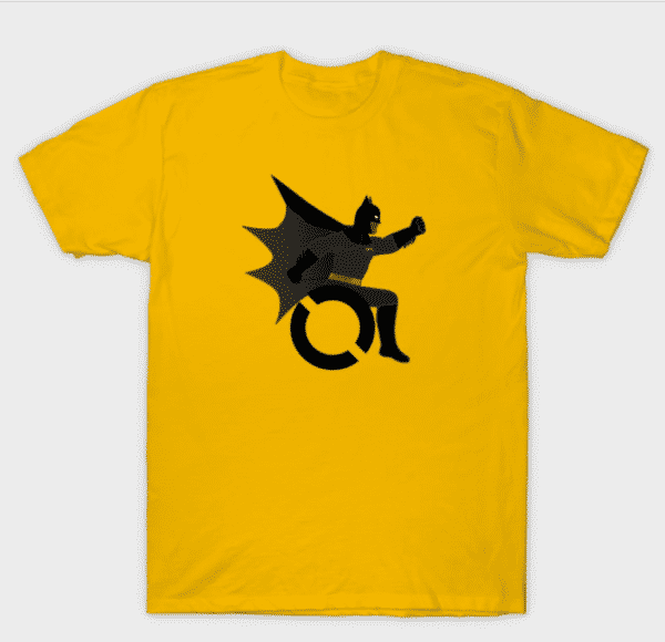 Yellow tshirt with batman in a wheelchair.