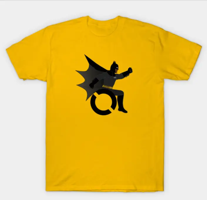 Yellow t-shirt with batman in a wheelchair.