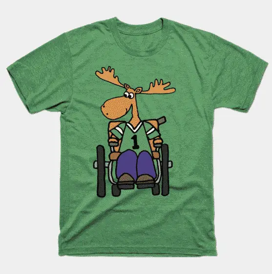 Green t-shirt with an illustrated moose in a wheelchair, front-on view.