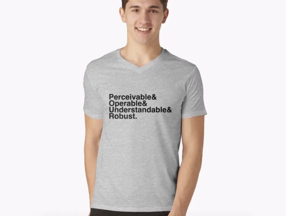 Gray t-shirt with "Perceivable, Understandable, Operable and Robust" written on it.