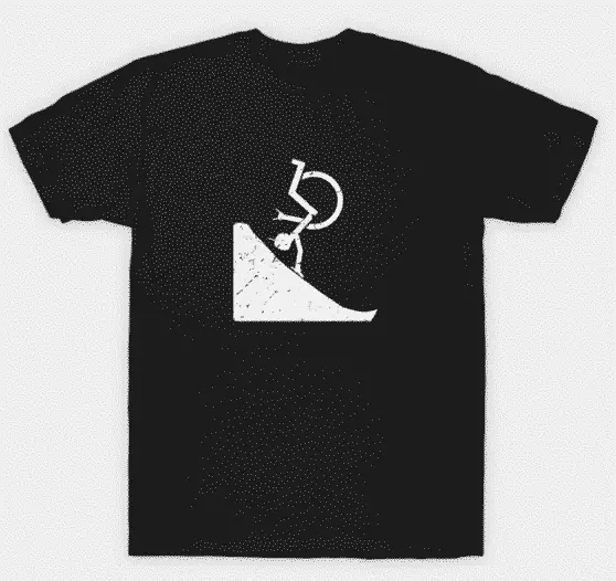 Black t-shirt with the disability icon standing on one hand in a ramp.