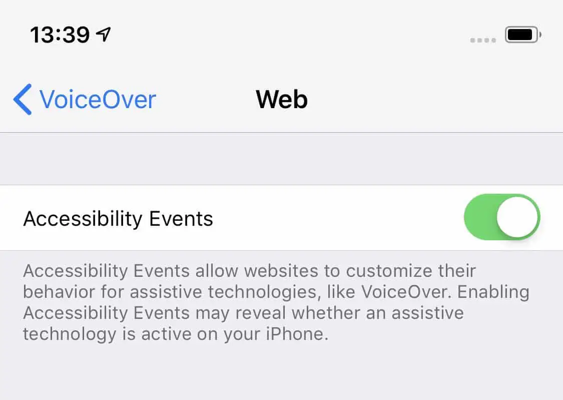 Toggle button turned on for Accessibility Events under settings in an iPhone.