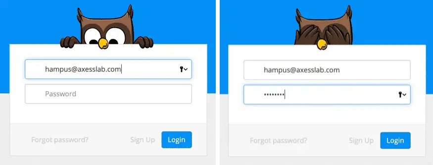 An owl peeking down at a login form, then closing its eyes when the user types a password.