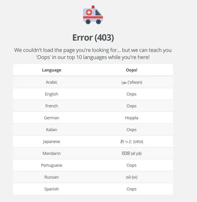 Error page with a table of how to say "oops" in 10 different languages.