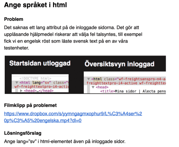 En del i rapporten som illustrerar problem med bristande uppmärkning av språket i html. Visas både i text, bild och film.
