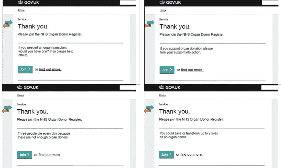 Four different versions of a thank you page encouraging people to sign up for organ donation.