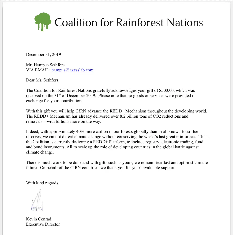 Letter from Rainforest Coalition thanking for $500 donation