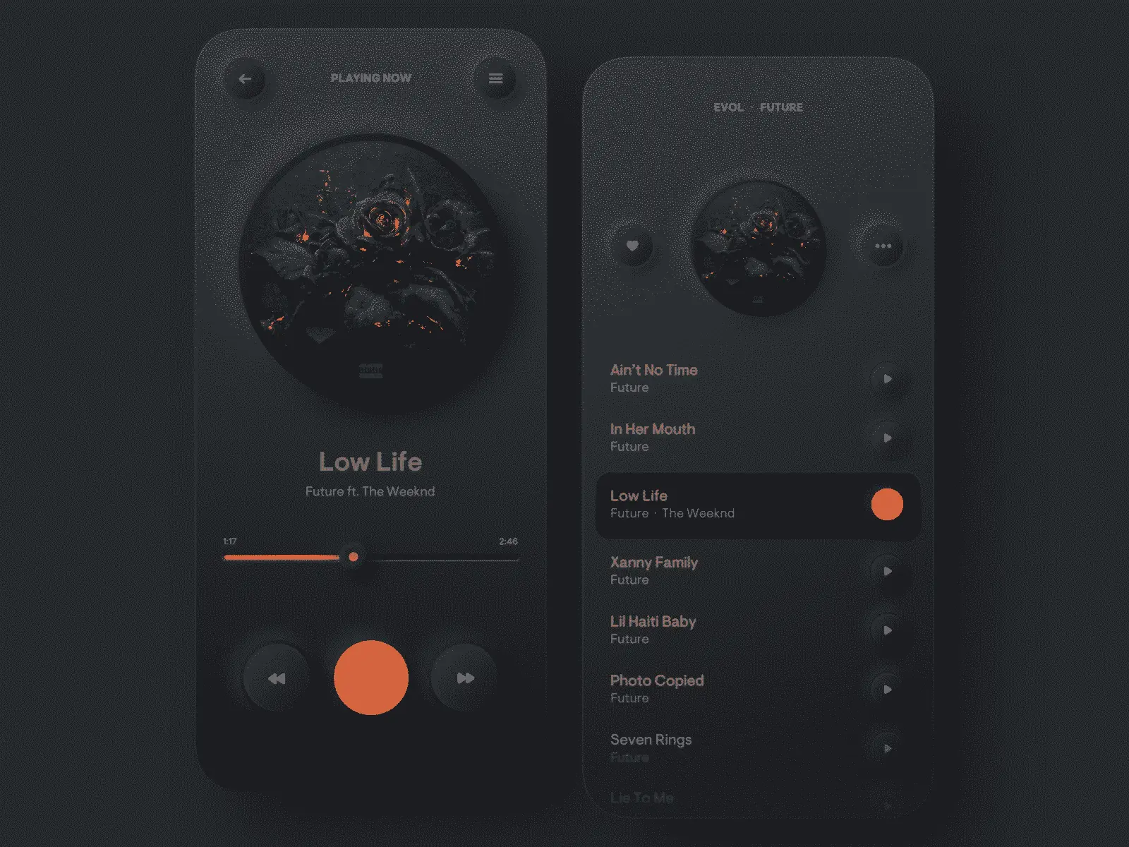 Dark mode design of music player. Orange on black makes for quite okay contrasts.