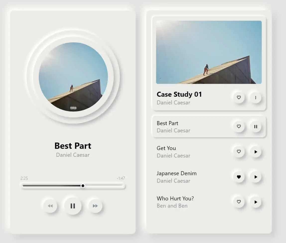 Music player neumorphism design. Here, the buttons are clearer and contrasts are better.