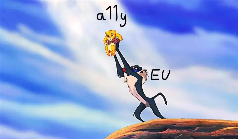 Simba lifted by monkey in opening scene of Lion King. Text a11y by Simba and EU by monkey.