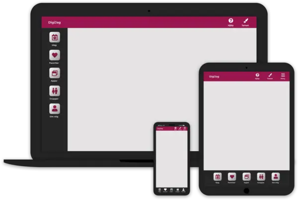 Digijag platform visible in laptop, tablet and phone.