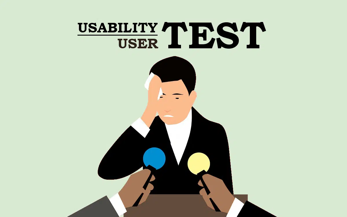 Illustration of man sweating in front of two microphones. Text "Usability/user TEST" with the word test in huge letters.