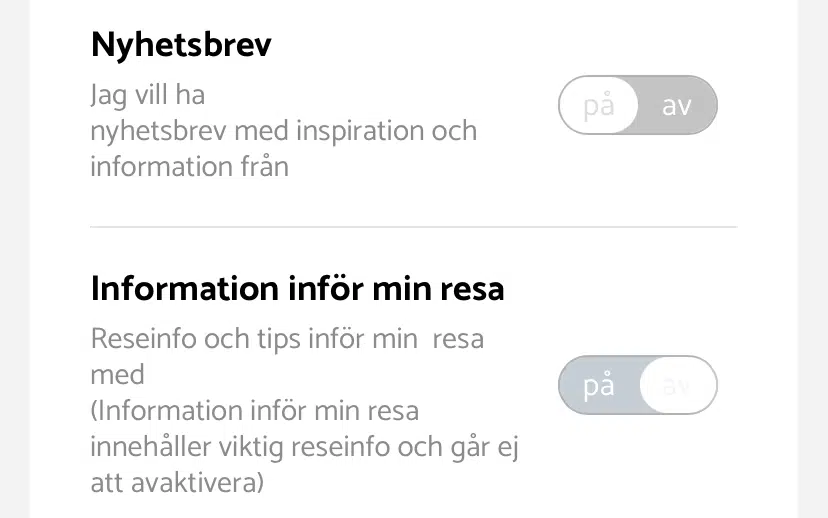 Toggles for newsletter and travel information, both grey with labels "on" and "off", both inside the toggle.