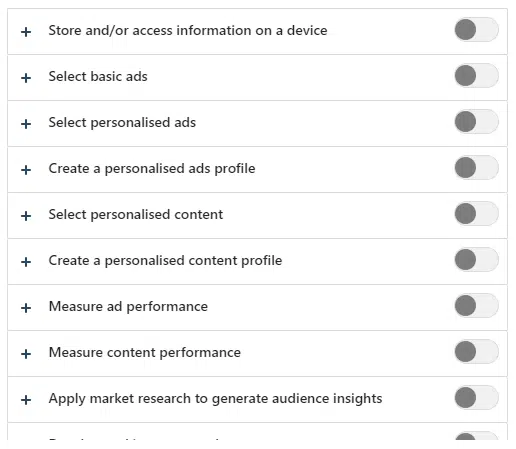 Toggles controlling invisible settings like cookies and personalized ads.