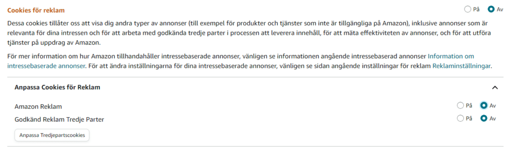 Amazon cookie settings using radio button group instead of toggles.