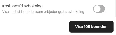 Grey toggle for "Free cancellation" on Airbnb close to a button saying "Show 105 places"